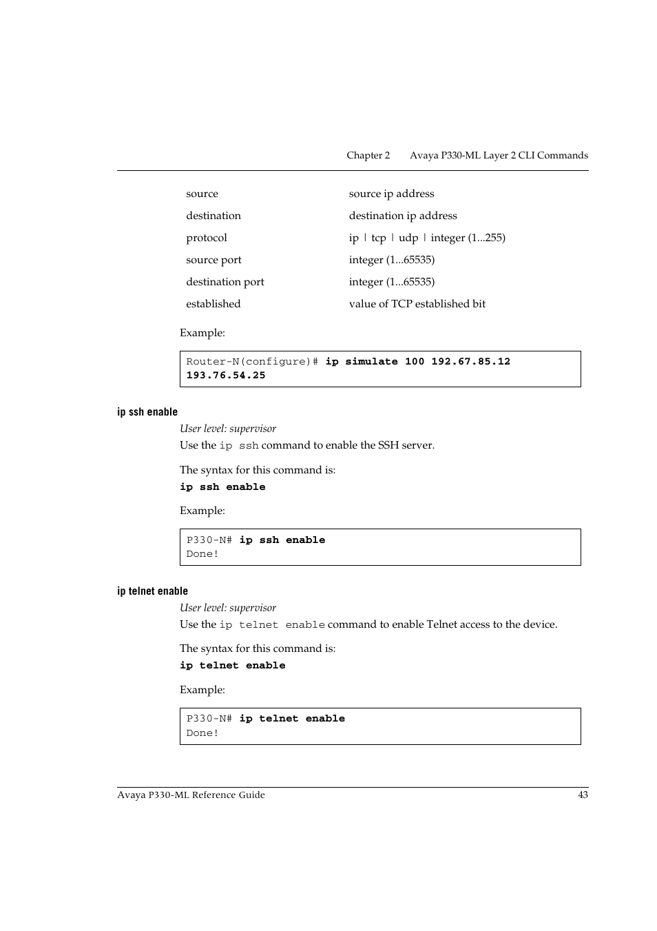 Ip ssh enable, Ip telnet enable, Ip ssh enable ip telnet enable | Avaya P330-ML-ML User Manual | Page 57 / 320
