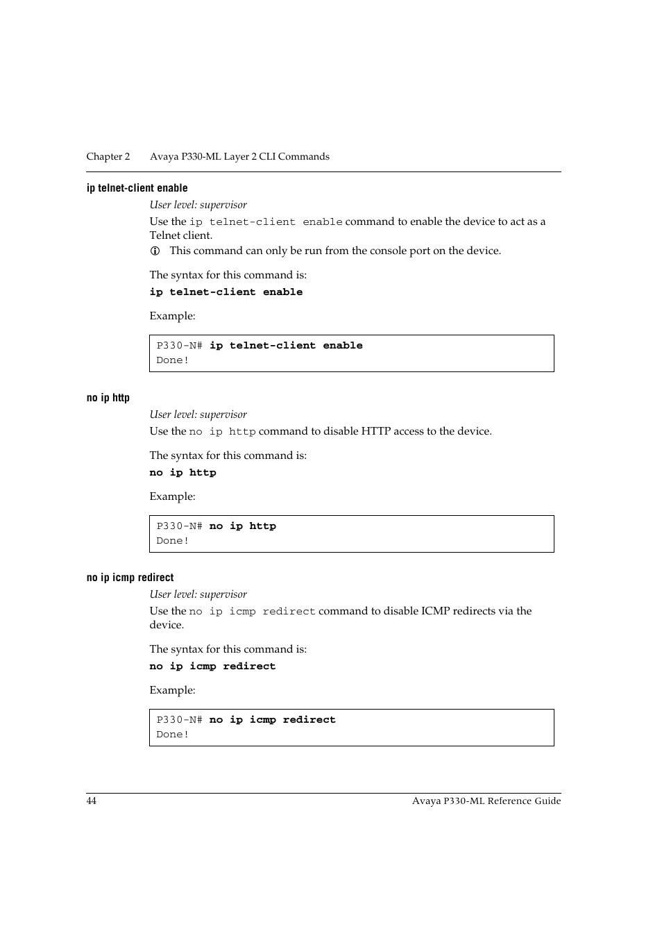Ip telnet-client enable, No ip http, No ip icmp redirect | Avaya P330-ML-ML User Manual | Page 58 / 320