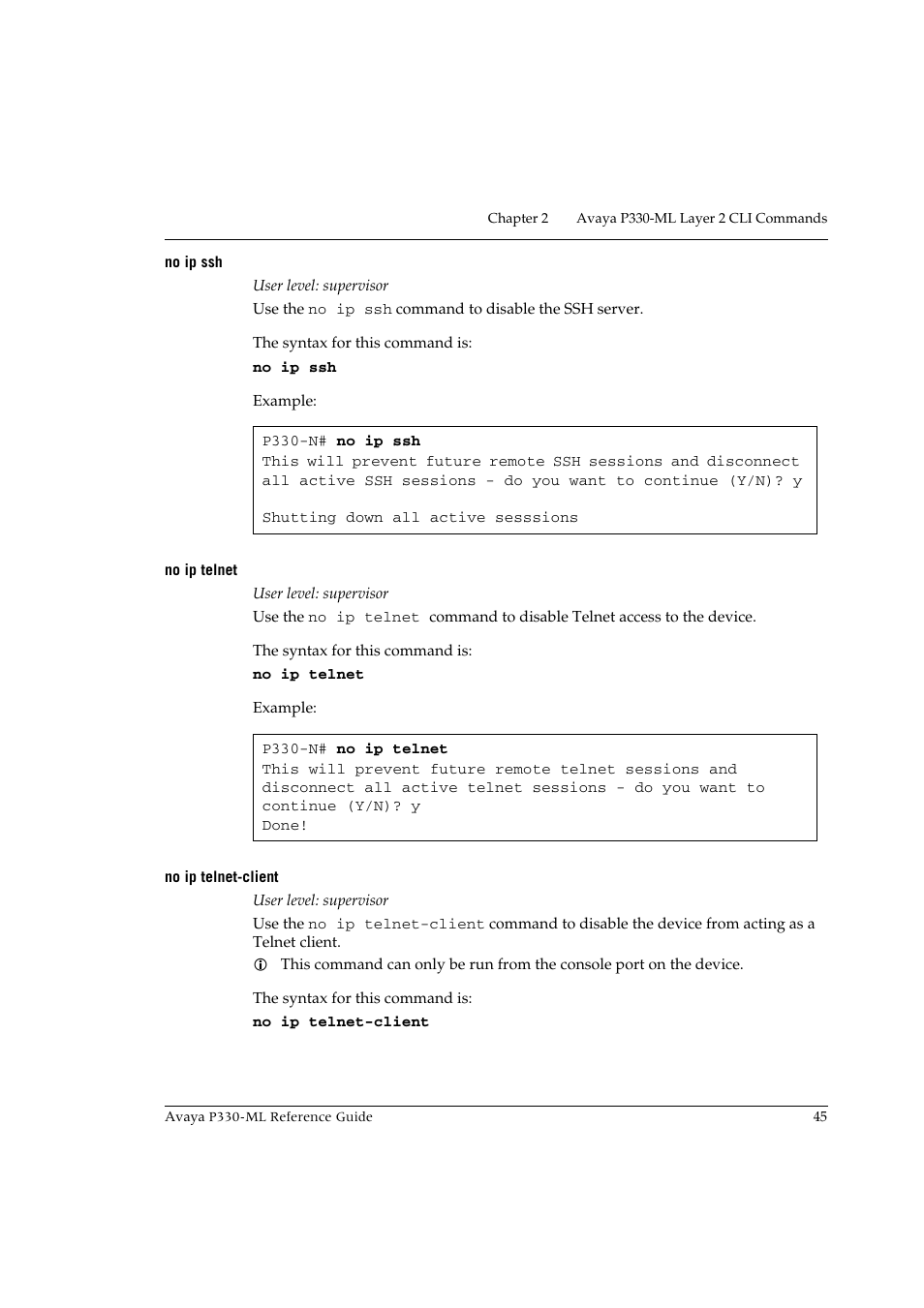 No ip ssh, No ip telnet, No ip telnet-client | No ip ssh no ip telnet no ip telnet-client | Avaya P330-ML-ML User Manual | Page 59 / 320