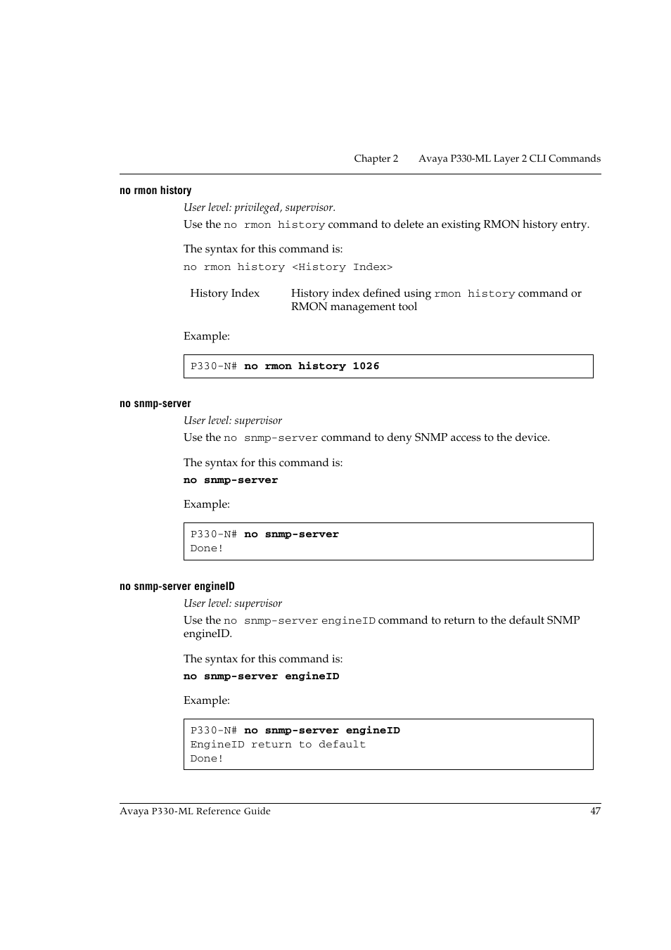 No rmon history, No snmp-server, No snmp-server engineid | Avaya P330-ML-ML User Manual | Page 61 / 320