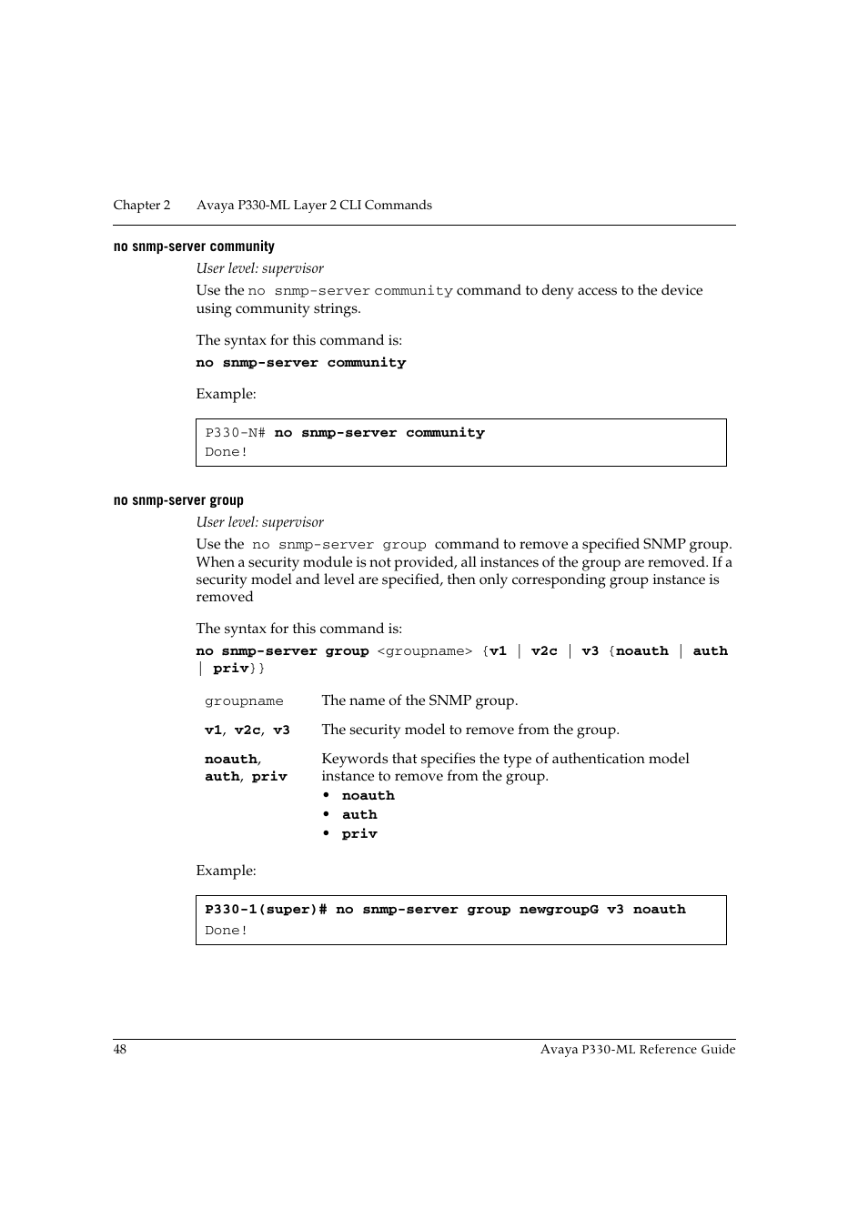No snmp-server community, No snmp-server group, No snmp-server community no snmp-server group | Avaya P330-ML-ML User Manual | Page 62 / 320