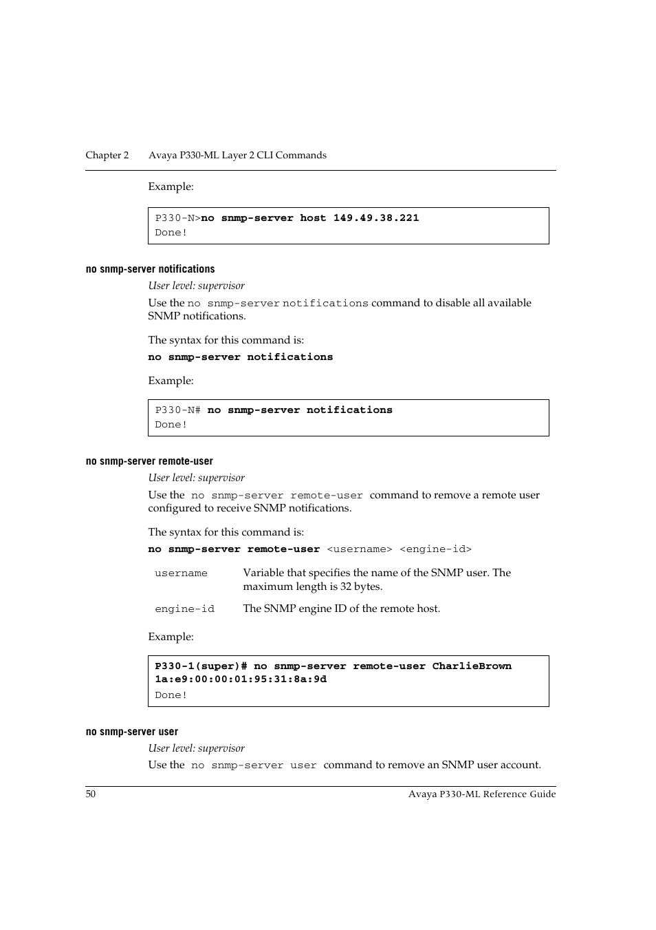No snmp-server notifications, No snmp-server remote-user, No snmp-server user | Avaya P330-ML-ML User Manual | Page 64 / 320