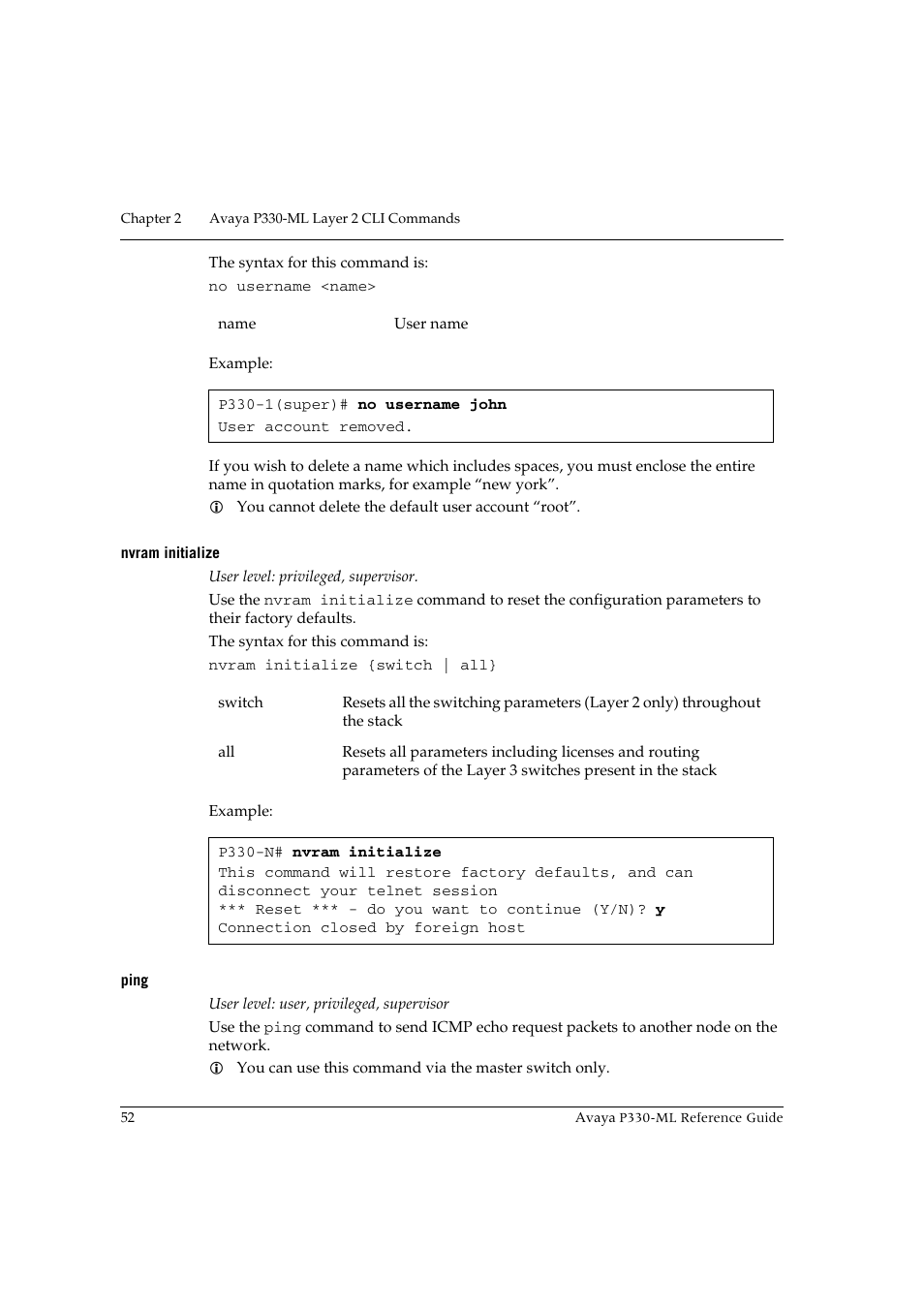 Nvram initialize, Ping, Nvram initialize ping | Avaya P330-ML-ML User Manual | Page 66 / 320
