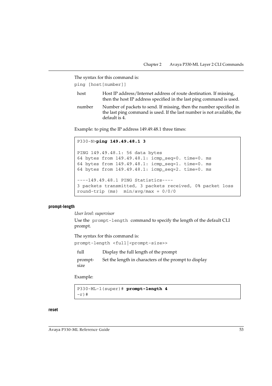 Prompt-length, Reset, Prompt-length reset | Avaya P330-ML-ML User Manual | Page 67 / 320