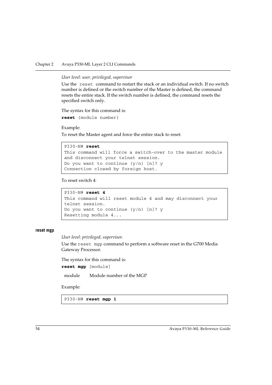 Reset mgp | Avaya P330-ML-ML User Manual | Page 68 / 320