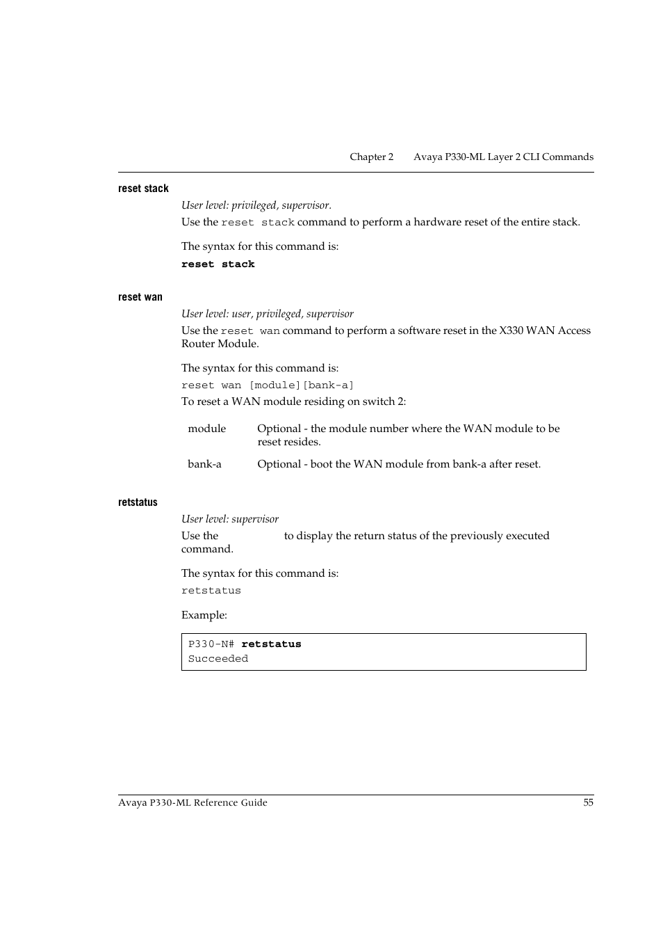Reset stack, Reset wan, Retstatus | Reset stack reset wan retstatus | Avaya P330-ML-ML User Manual | Page 69 / 320