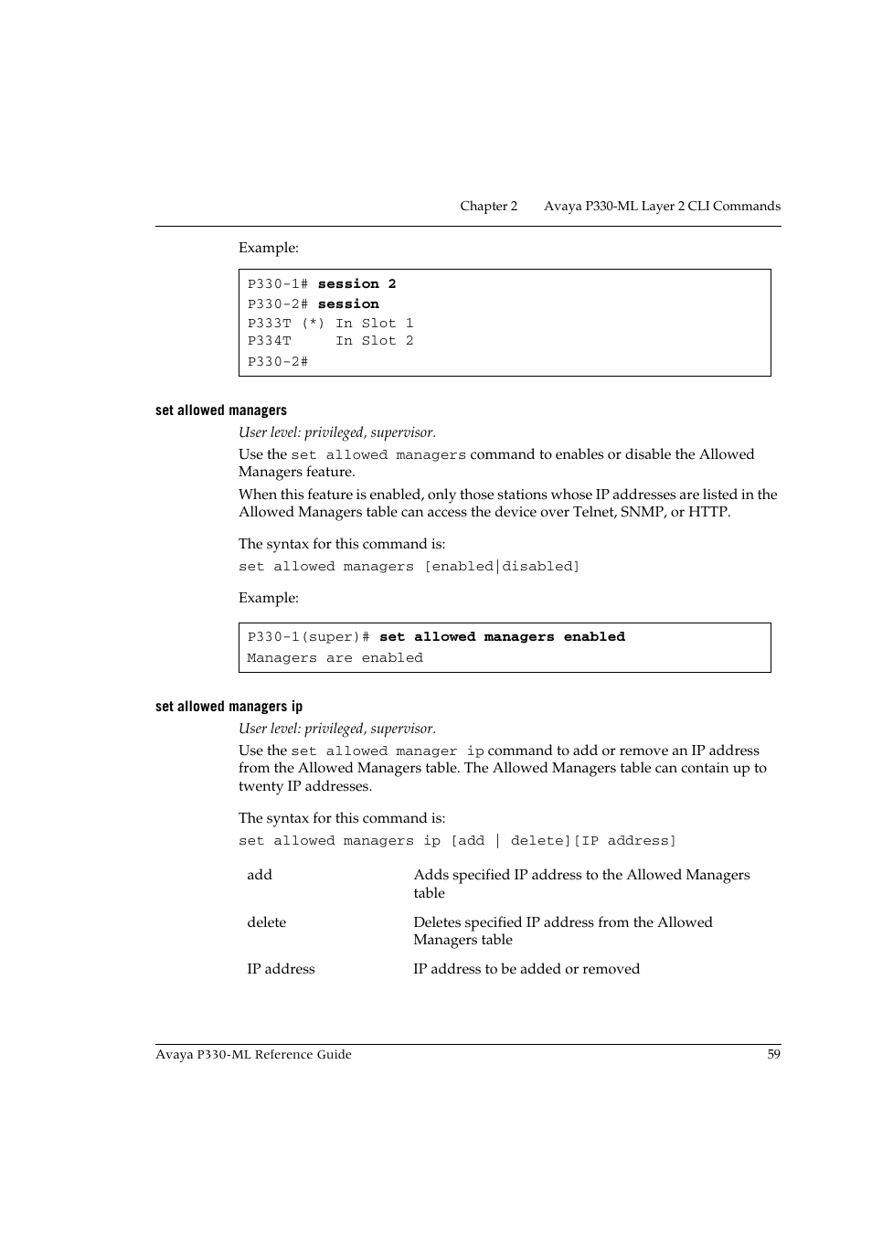 Set allowed managers, Set allowed managers ip, Set allowed managers set allowed managers ip | Avaya P330-ML-ML User Manual | Page 73 / 320