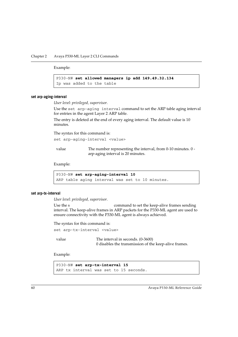 Set arp-aging-interval, Set arp-tx-interval, Set arp-aging-interval set arp-tx-interval | Avaya P330-ML-ML User Manual | Page 74 / 320