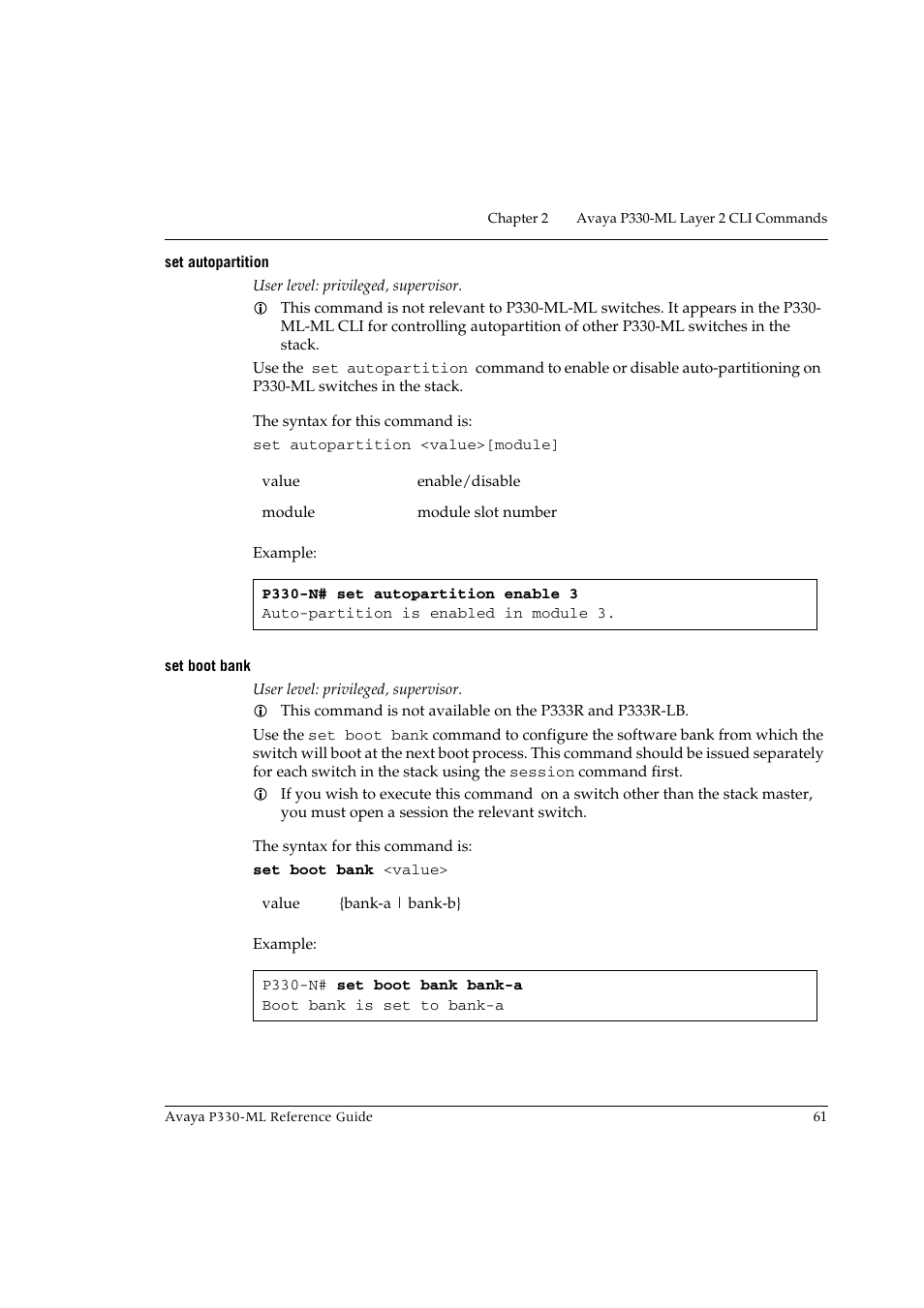 Set autopartition, Set boot bank, Set autopartition set boot bank | Avaya P330-ML-ML User Manual | Page 75 / 320