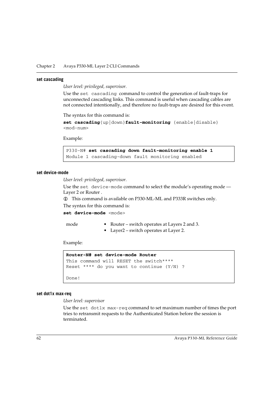 Set cascading, Set device-mode, Set dot1x max-req | Set cascading set device-mode set dot1x max-req | Avaya P330-ML-ML User Manual | Page 76 / 320