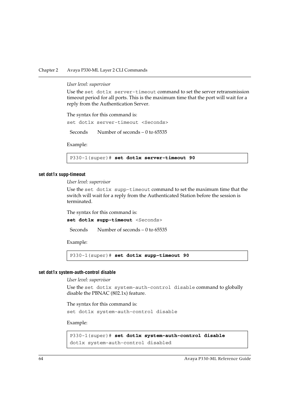 Set dot1x supp-timeout, Set dot1x system-auth-control disable | Avaya P330-ML-ML User Manual | Page 78 / 320