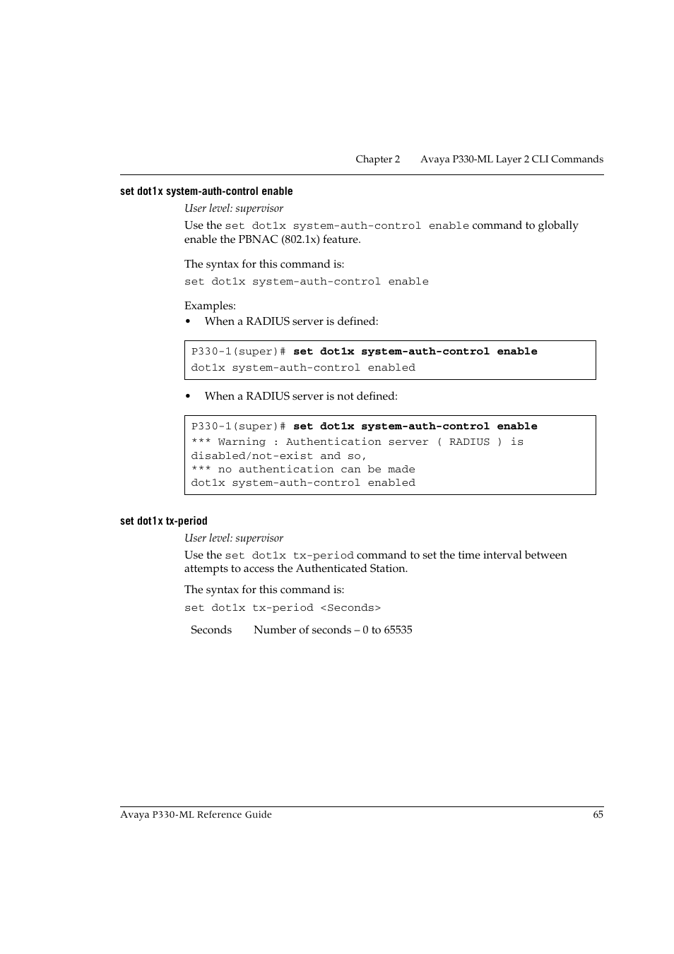 Set dot1x system-auth-control enable, Set dot1x tx-period | Avaya P330-ML-ML User Manual | Page 79 / 320