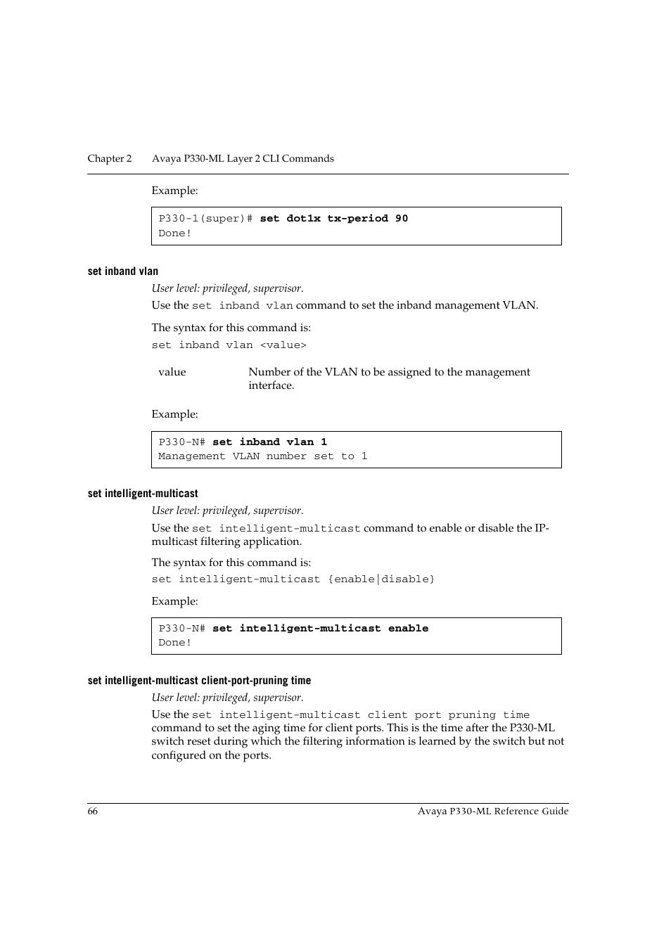 Set inband vlan, Set intelligent-multicast, Set intelligent-multicast client-port-pruning time | Avaya P330-ML-ML User Manual | Page 80 / 320