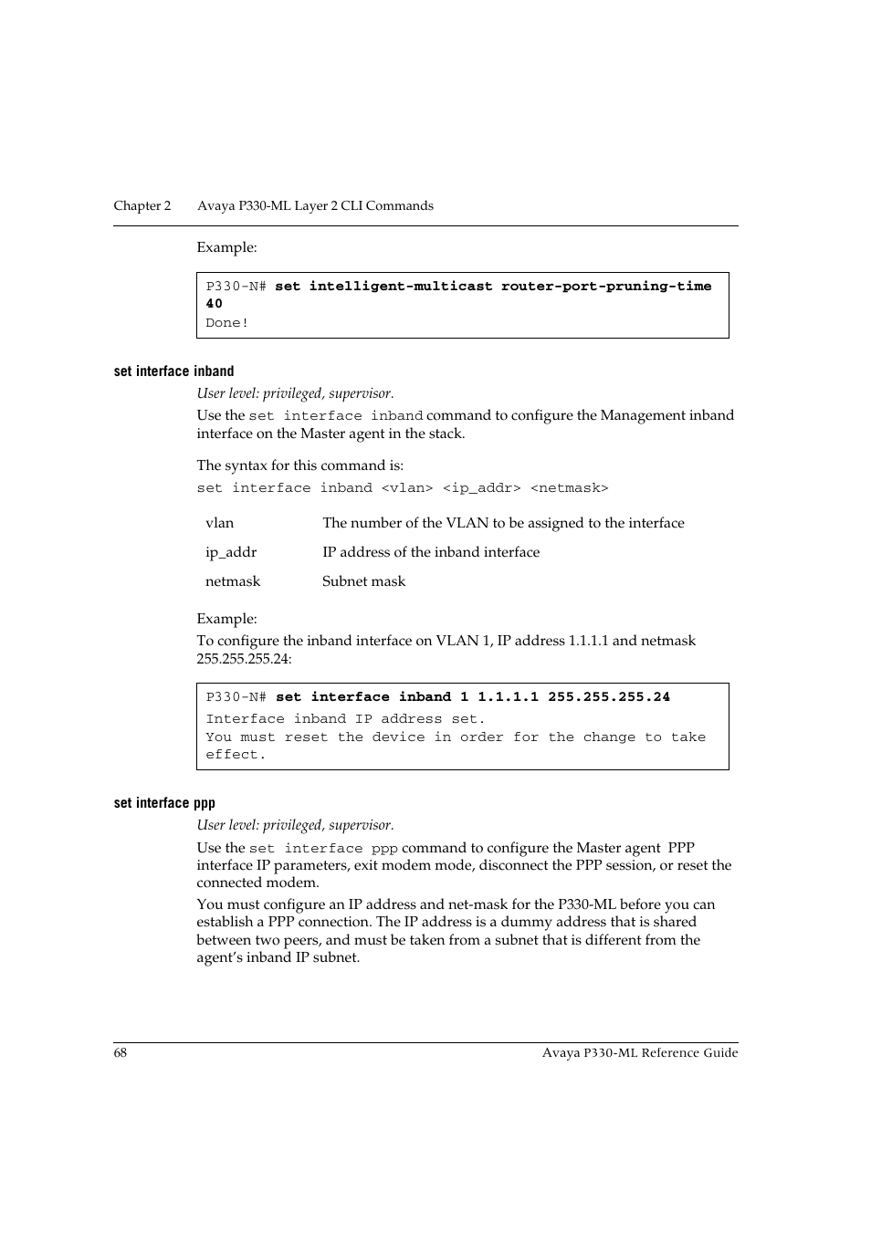 Set interface inband, Set interface ppp, Set interface inband set interface ppp | Avaya P330-ML-ML User Manual | Page 82 / 320