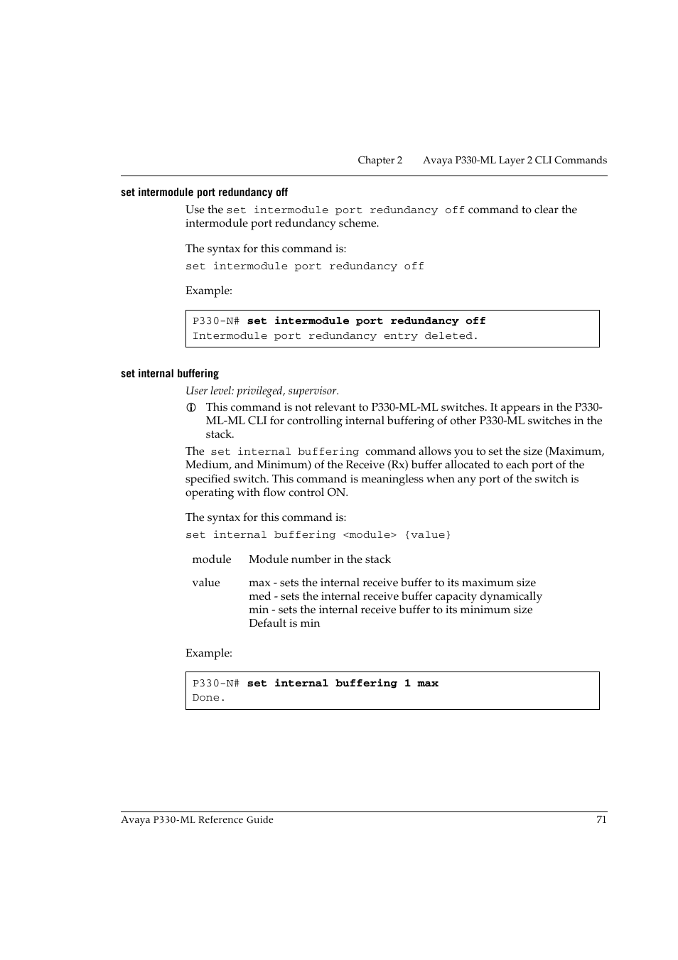 Set intermodule port redundancy off, Set internal buffering | Avaya P330-ML-ML User Manual | Page 85 / 320