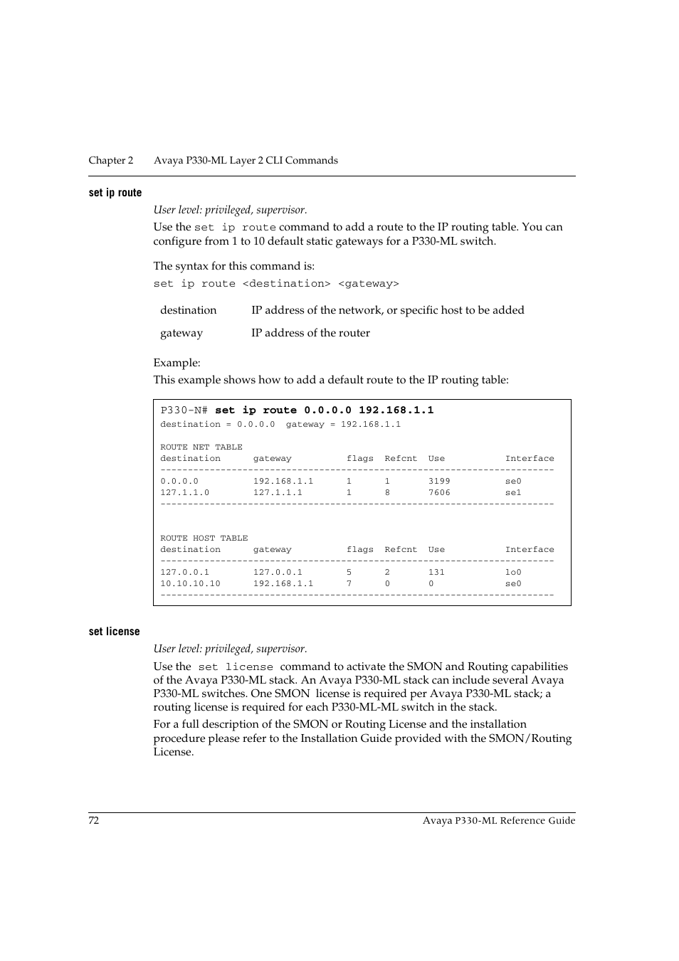 Set ip route, Set license, Set ip route set license | Avaya P330-ML-ML User Manual | Page 86 / 320
