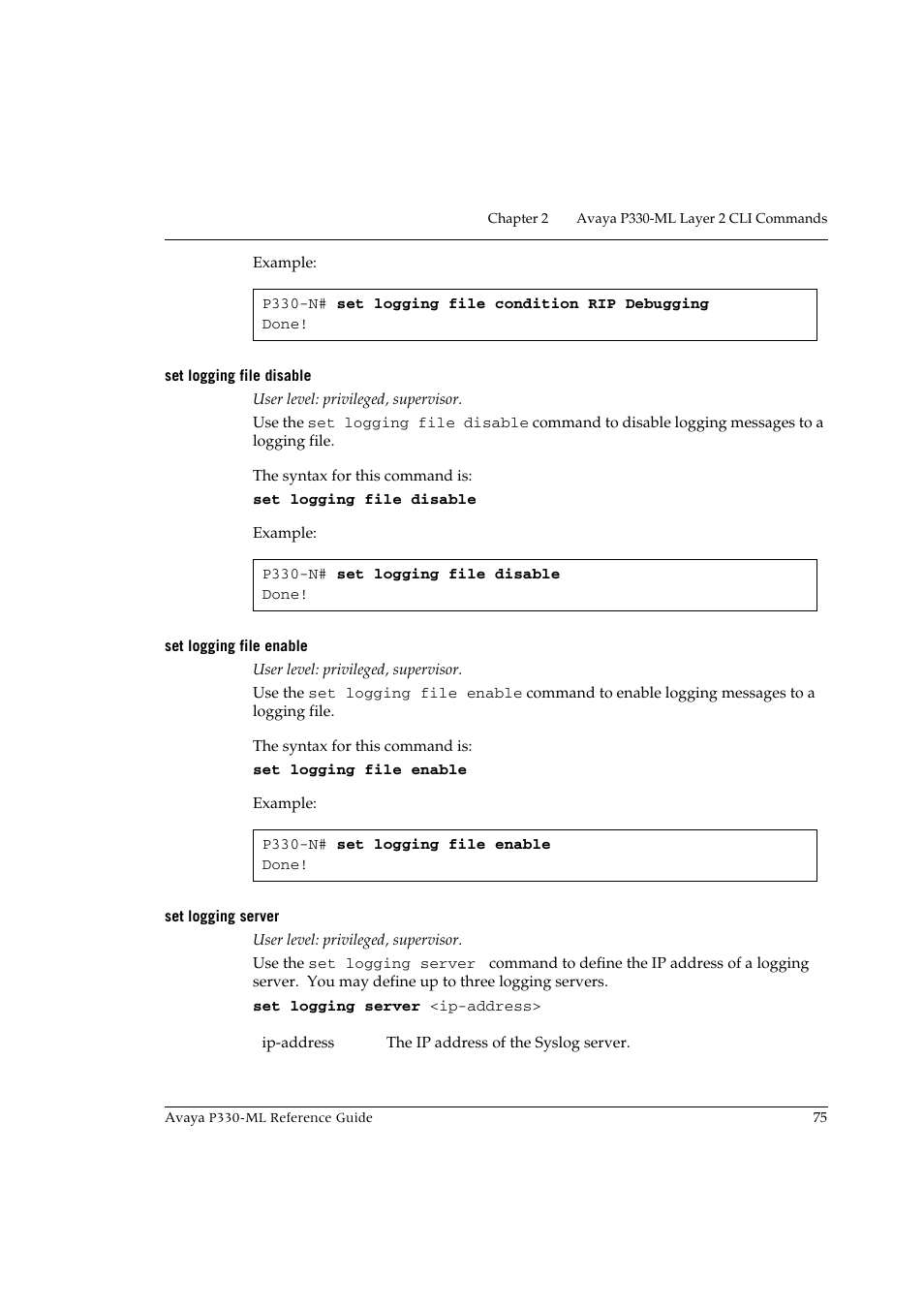 Set logging file disable, Set logging file enable, Set logging server | Avaya P330-ML-ML User Manual | Page 89 / 320