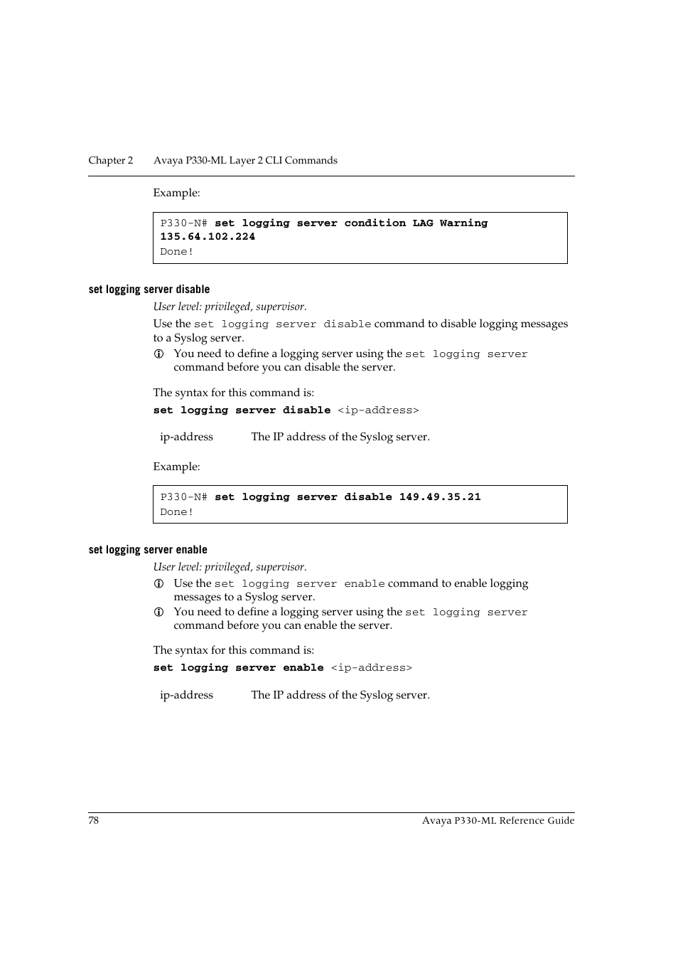 Set logging server disable, Set logging server enable | Avaya P330-ML-ML User Manual | Page 92 / 320