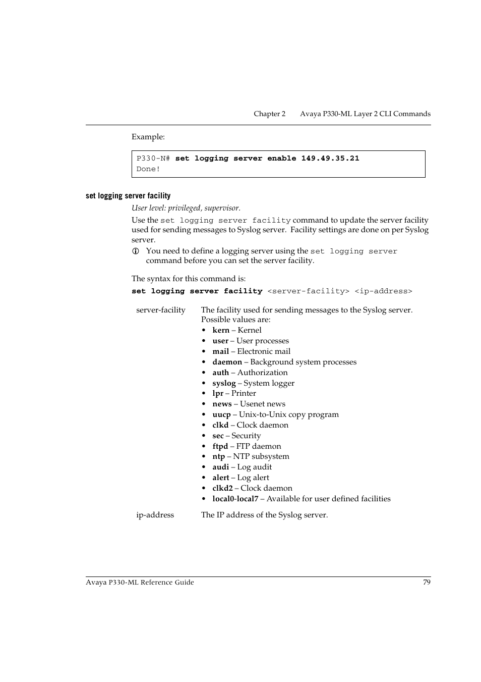 Set logging server facility | Avaya P330-ML-ML User Manual | Page 93 / 320