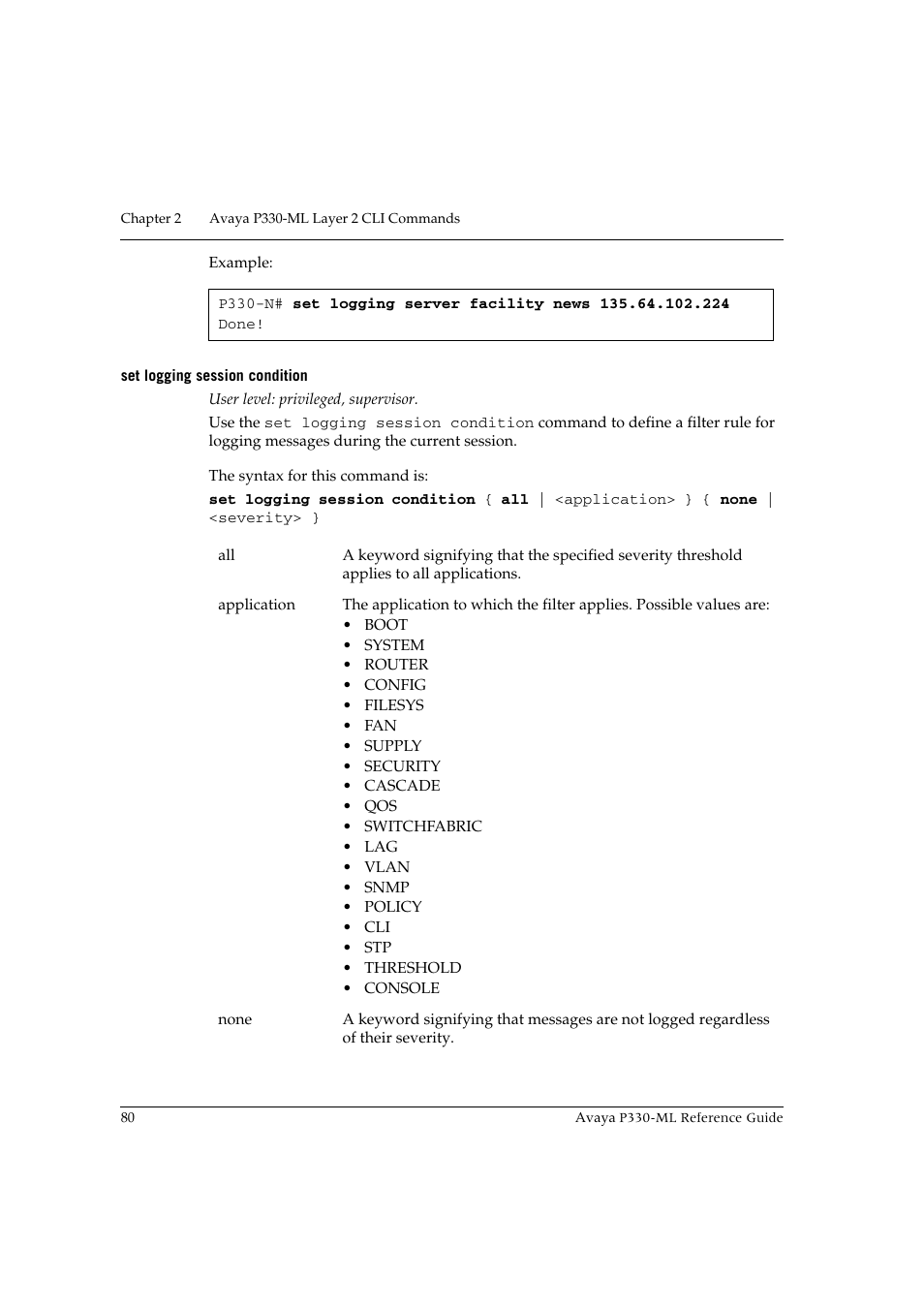 Set logging session condition | Avaya P330-ML-ML User Manual | Page 94 / 320