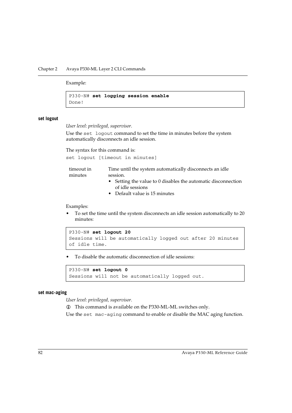 Set logout, Set mac-aging, Set logout set mac-aging | Avaya P330-ML-ML User Manual | Page 96 / 320