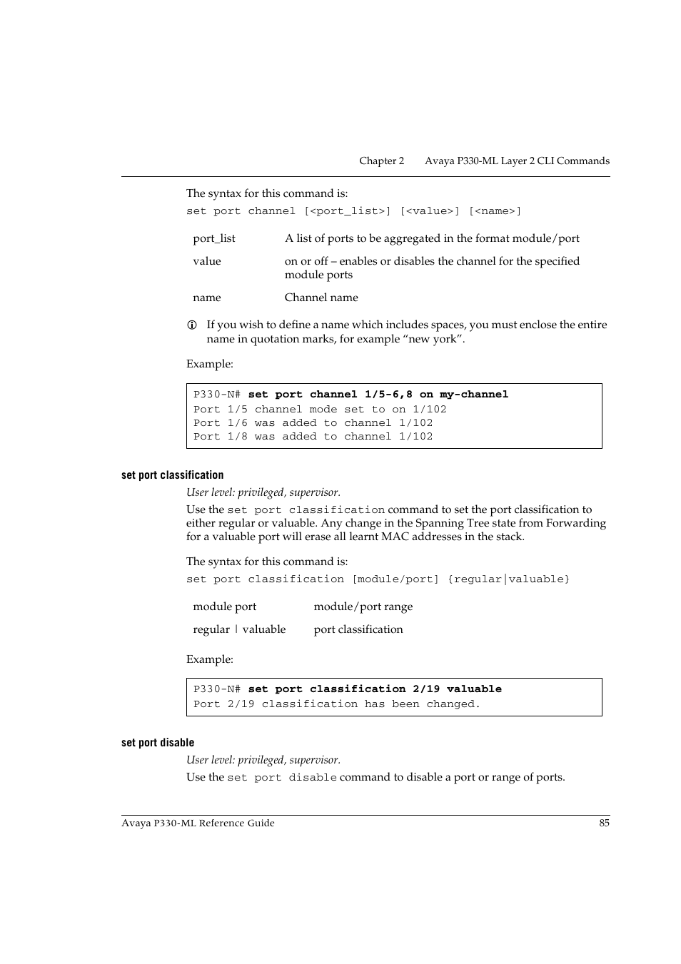 Set port classification, Set port disable, Set port classification set port disable | Avaya P330-ML-ML User Manual | Page 99 / 320