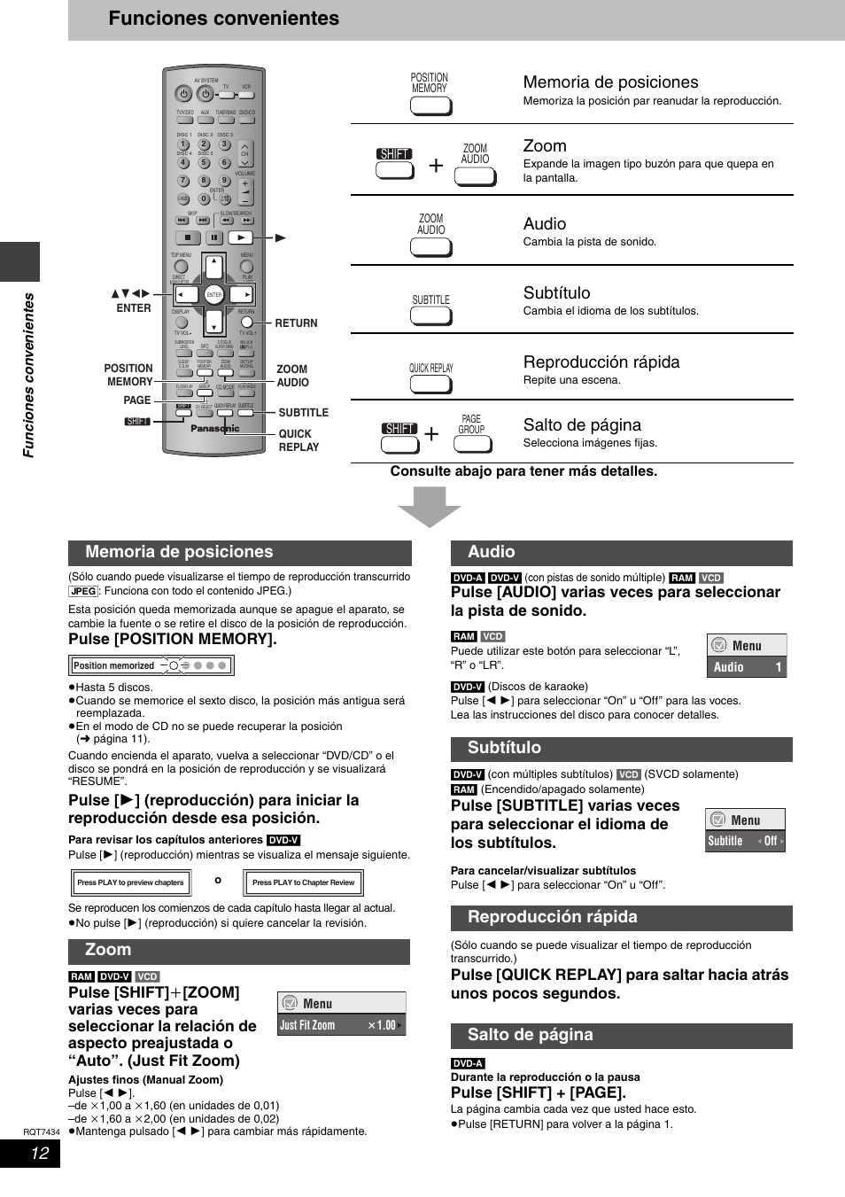 Funciones convenientes, Zoom, Audio | Subtítulo, Reproducción rápida, Salto de página, Pulse [shift] + [page, Consulte abajo para tener más detalles, Shift | Panasonic SCHT720 User Manual | Page 12 / 32