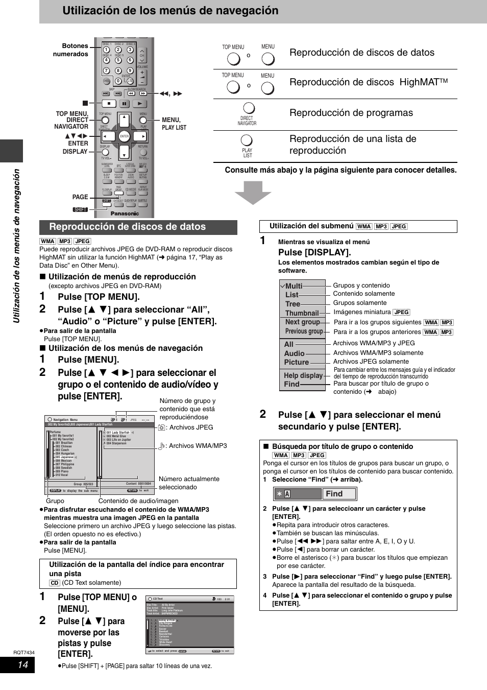 Utilización de los menús de navegación, Pulse, Reproducción de discos de datos | Pulse [top menu, Pulse [menu, Pulse [top menu] o [menu, Pulse [display, Utilización de menús de reproducción, Find | Panasonic SCHT720 User Manual | Page 14 / 32