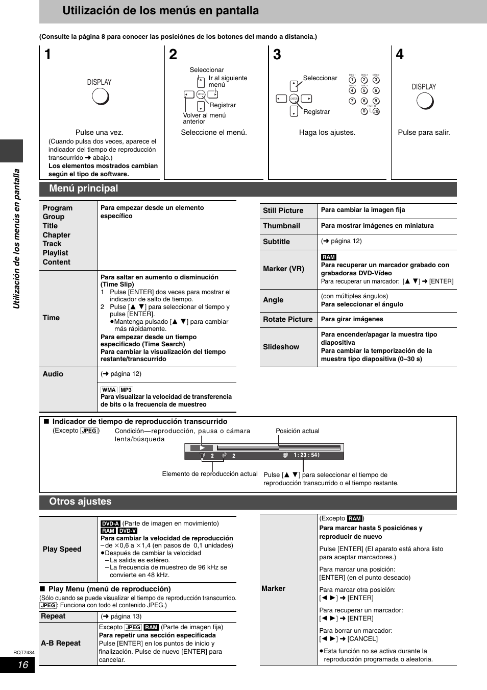 Utilización de los menús en pantalla, Menú principal, Otros ajustes | Panasonic SCHT720 User Manual | Page 16 / 32