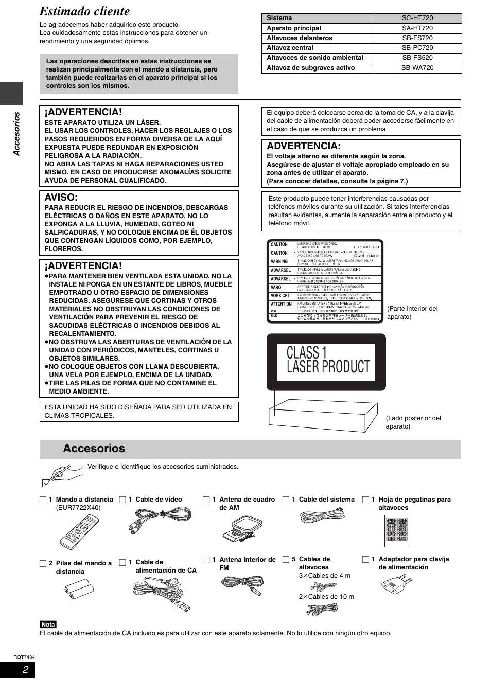 Estimado cliente, Accesorios, Advertencia | Aviso | Panasonic SCHT720 User Manual | Page 2 / 32