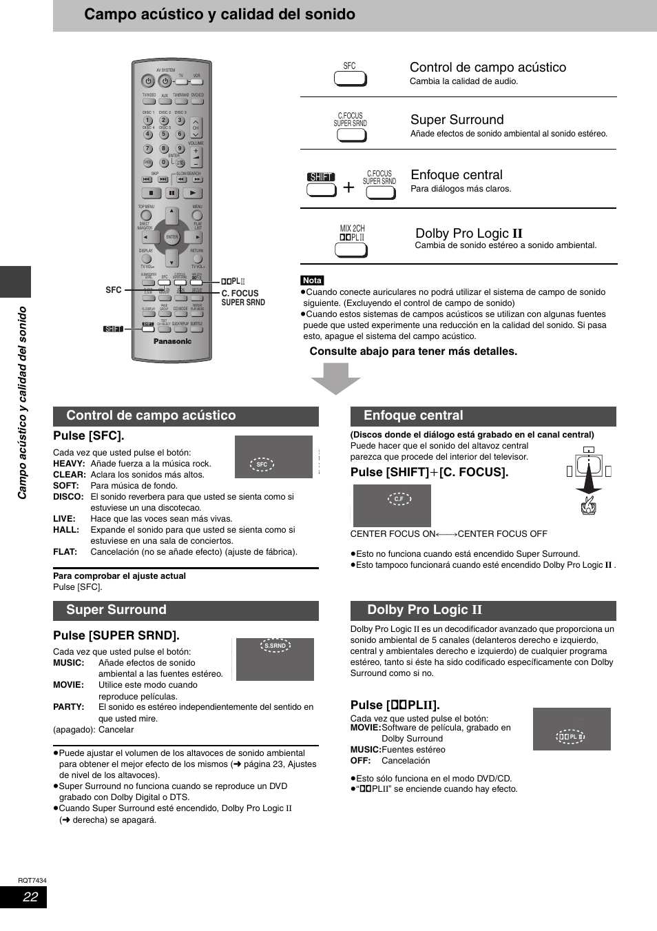 Campo acústico y calidad del sonido, Control de campo acústico, Super surround | Enfoque central, Dolby pro logic ii, Control de campo acústico super surround, Enfoque central dolby pro logic ii, Pulse [sfc, Pulse [super srnd, Pulse [shift] i [c. focus | Panasonic SCHT720 User Manual | Page 22 / 32