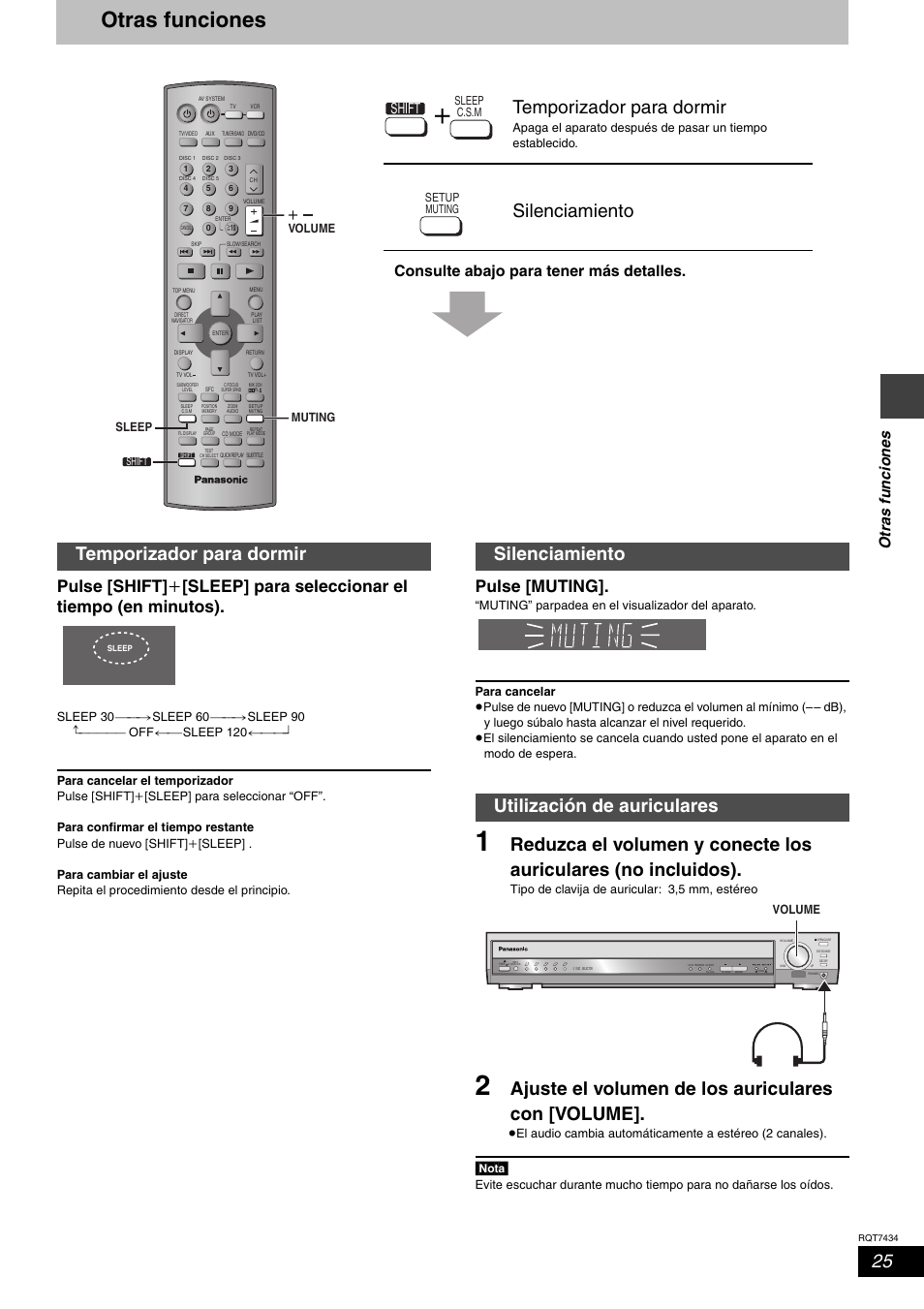 Otras funciones, Ajuste el volumen de los auriculares con [volume, Temporizador para dormir | Silenciamiento, Silenciamiento utilización de auriculares, Pulse [muting, Ot ras f unc io nes, Shift, Consulte abajo para tener más detalles, Nota | Panasonic SCHT720 User Manual | Page 25 / 32