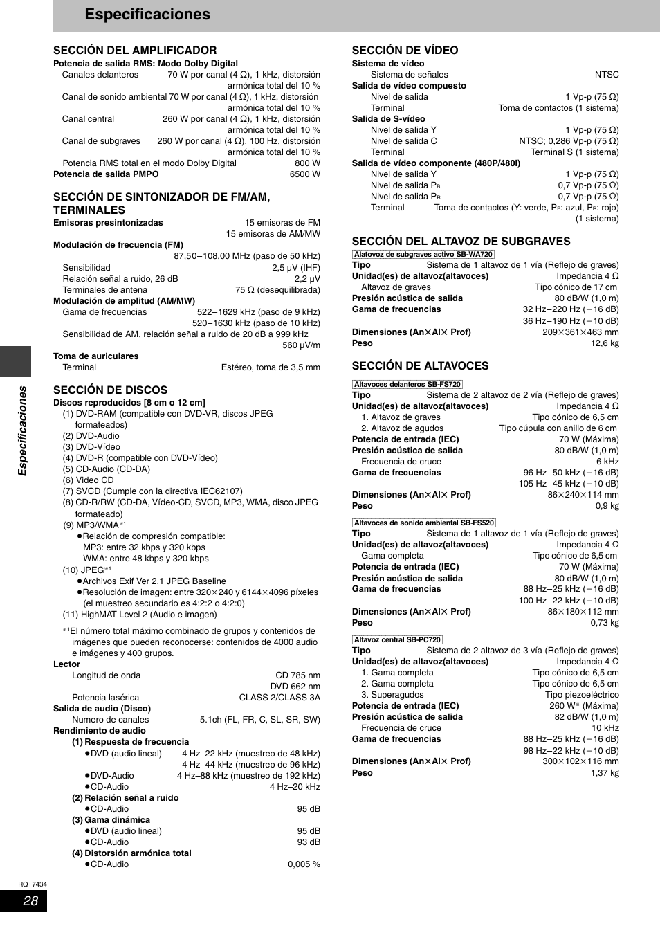 Especificaciones | Panasonic SCHT720 User Manual | Page 28 / 32