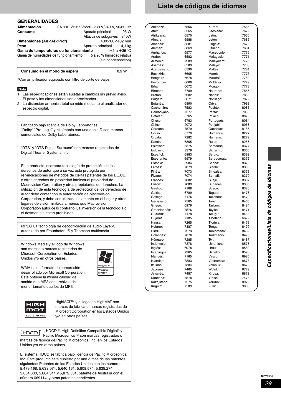 Lista de códigos de idiomas, Generalidades | Panasonic SCHT720 User Manual | Page 29 / 32