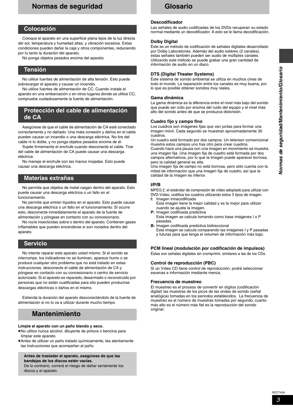 Normas de seguridad, Mantenimiento, Glosario | Panasonic SCHT720 User Manual | Page 3 / 32