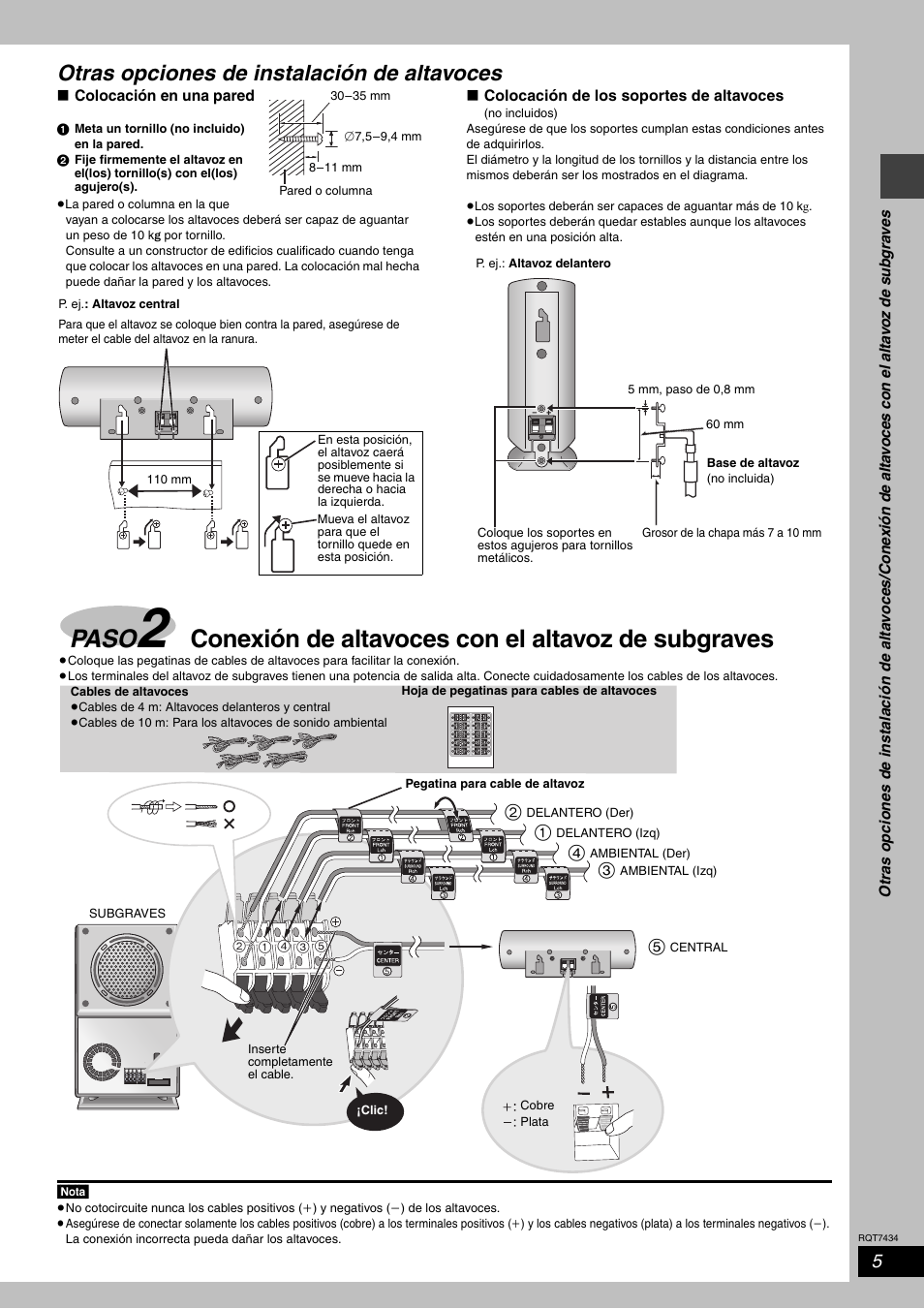 Paso, Conexión de altavoces con el altavoz de subgraves, Otras opciones de instalación de altavoces | Panasonic SCHT720 User Manual | Page 5 / 32