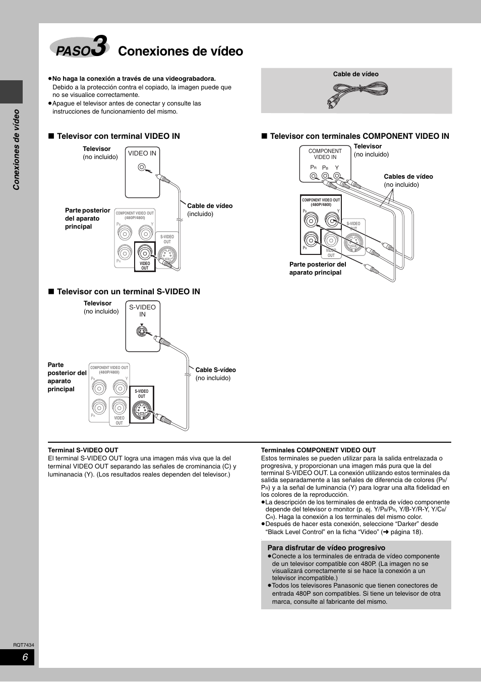 Paso, Conexiones de vídeo, Cone x ion es de v íd e o | Panasonic SCHT720 User Manual | Page 6 / 32