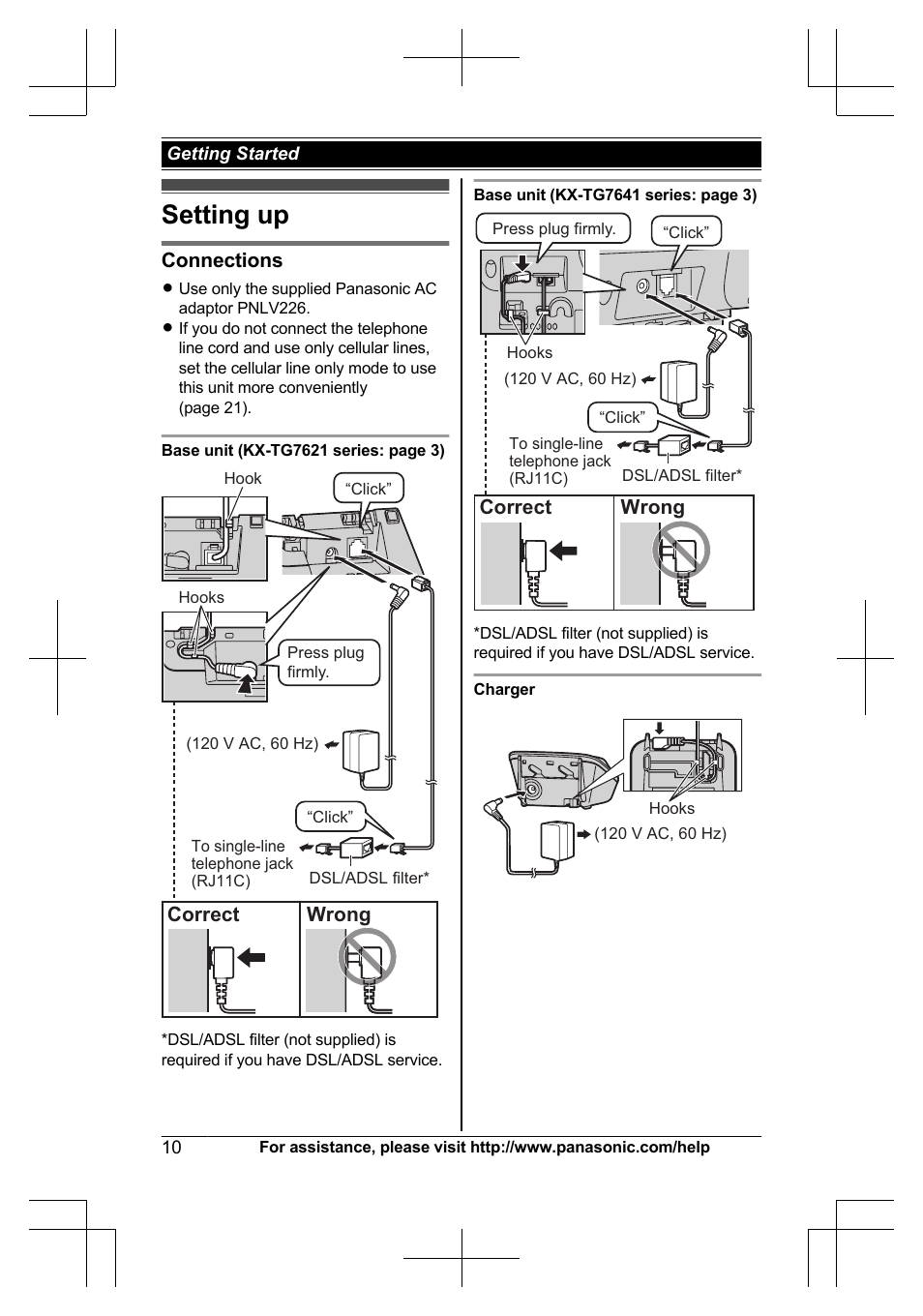 Getting started, Setting up, Connections | Correct wrong | Panasonic KXTG7623 User Manual | Page 10 / 100