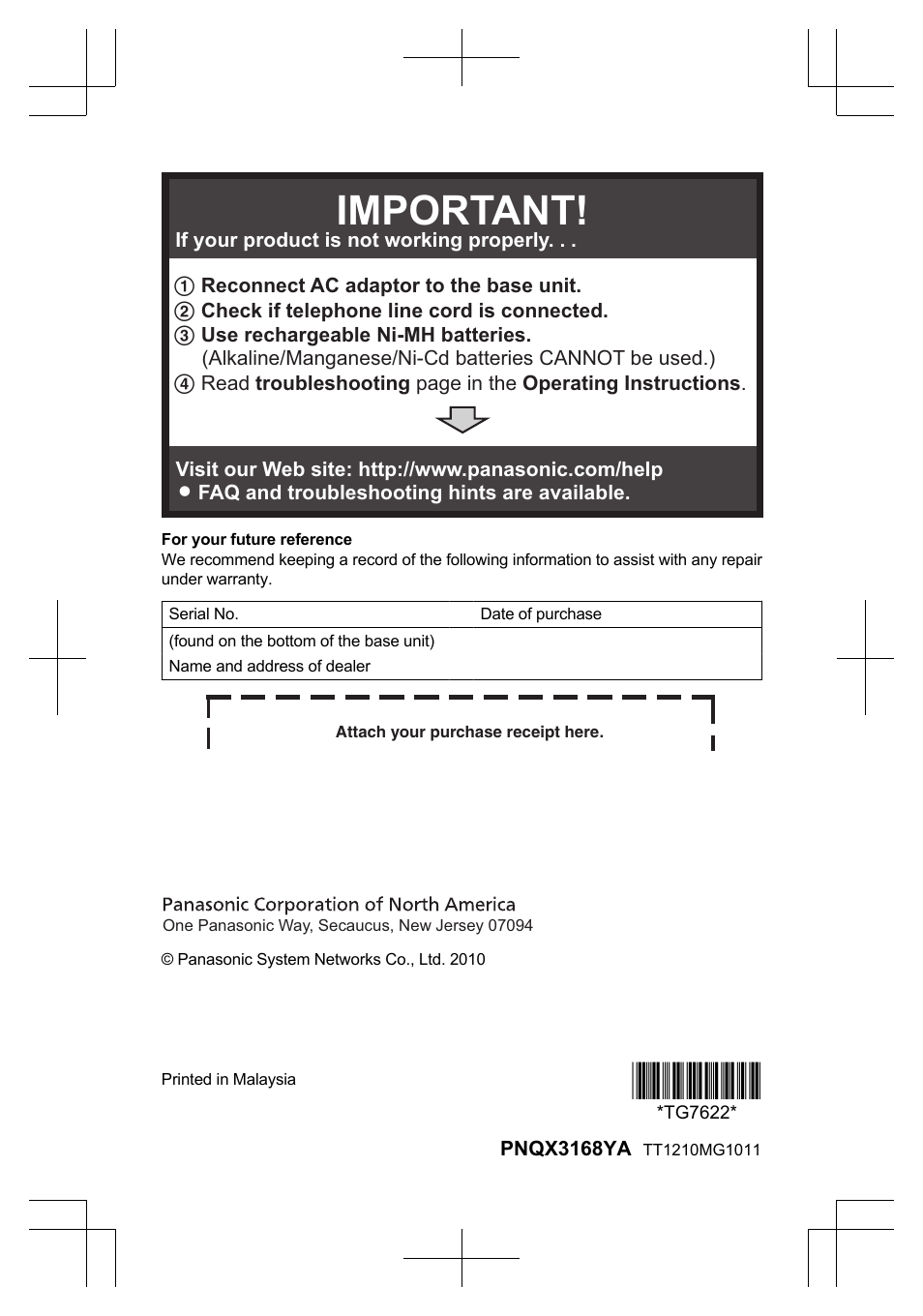 Tg7622, Important | Panasonic KXTG7623 User Manual | Page 100 / 100