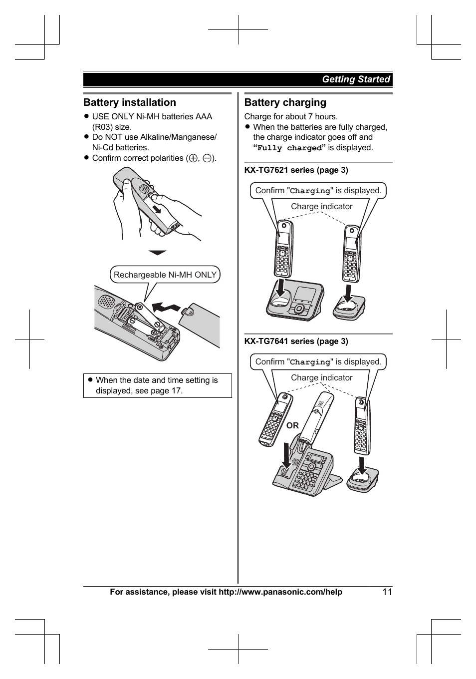 Battery installation, Battery charging | Panasonic KXTG7623 User Manual | Page 11 / 100