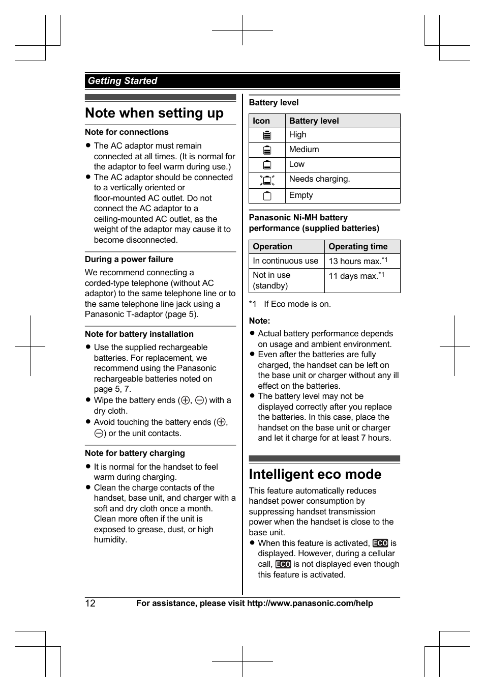 Note when setting up, Intelligent eco mode, Note when setting up intelligent eco mode | Panasonic KXTG7623 User Manual | Page 12 / 100