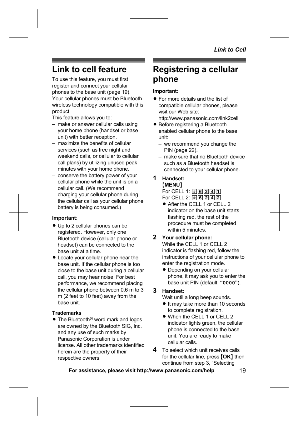 Link to cell, Link to cell feature, Registering a cellular phone | Link to cell feature registering a cellular phone | Panasonic KXTG7623 User Manual | Page 19 / 100