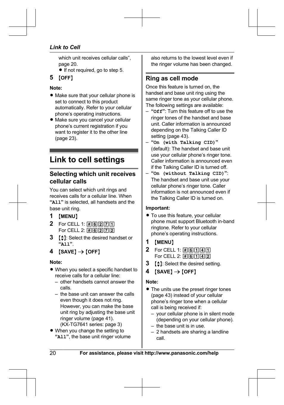 Link to cell settings, Selecting, Selecting which unit receives cellular calls | Ring as cell mode | Panasonic KXTG7623 User Manual | Page 20 / 100