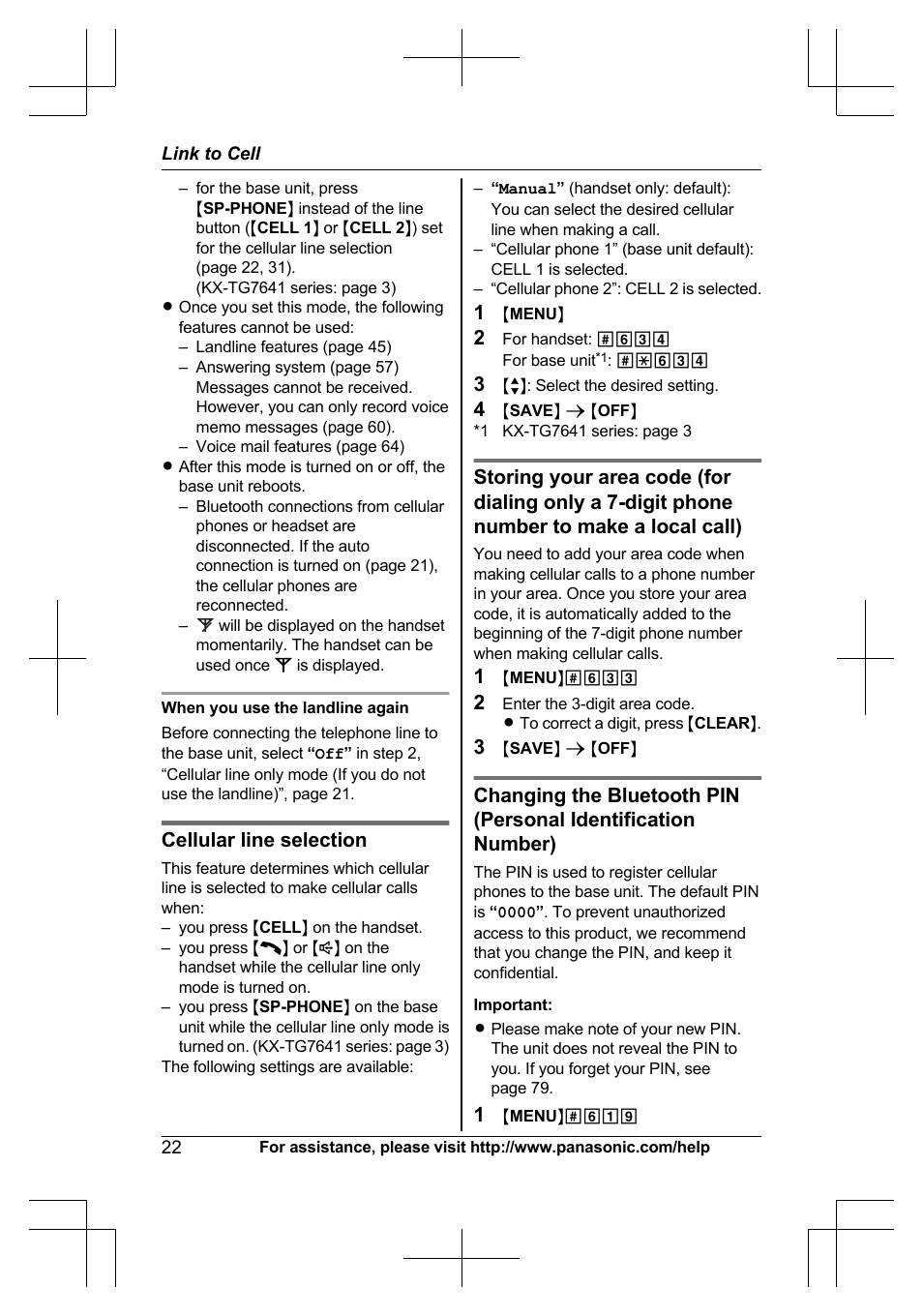 Cellular line selection | Panasonic KXTG7623 User Manual | Page 22 / 100