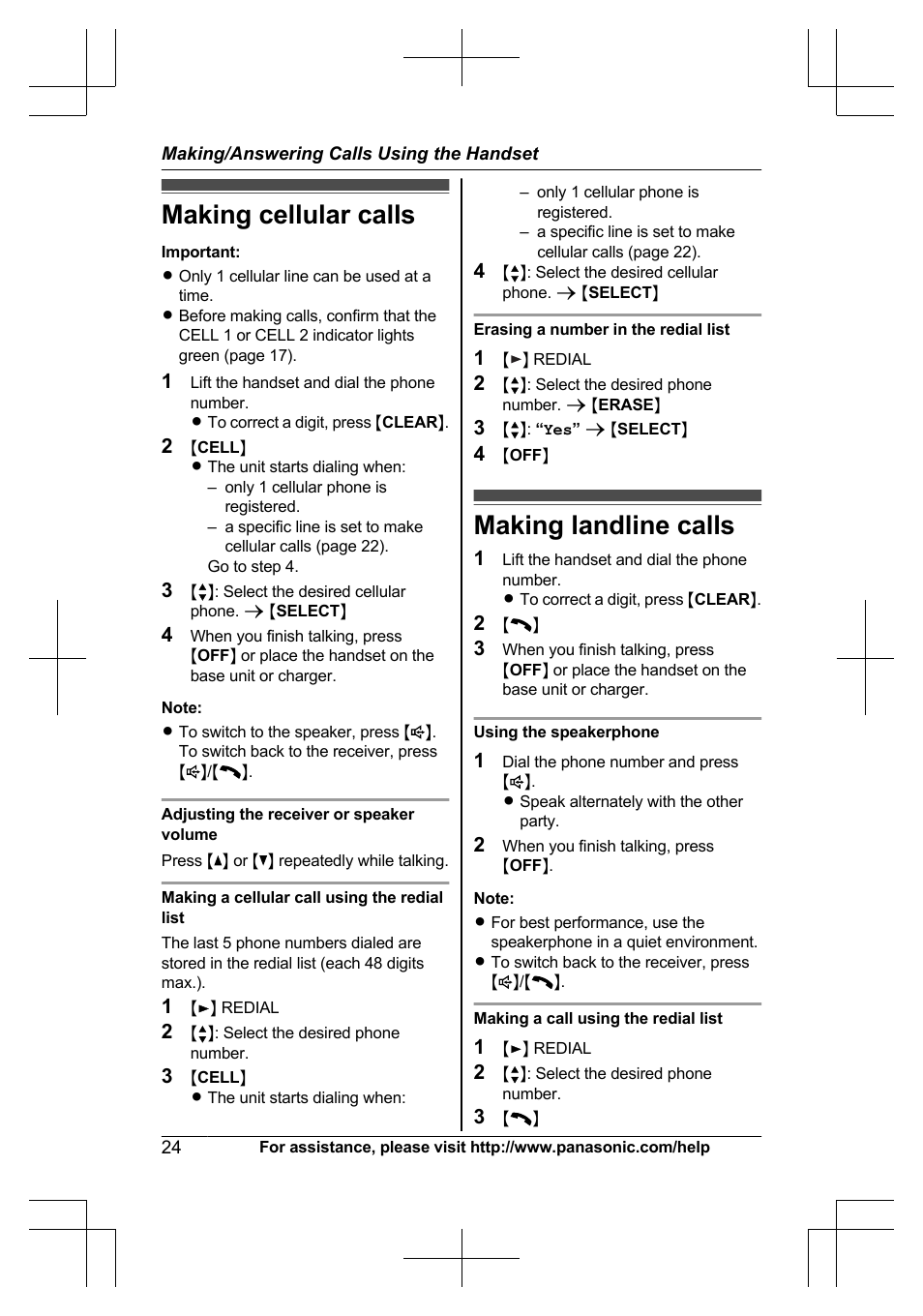 Making/answering calls using the handset, Making cellular calls, Making landline calls | Making cellular calls making landline calls | Panasonic KXTG7623 User Manual | Page 24 / 100