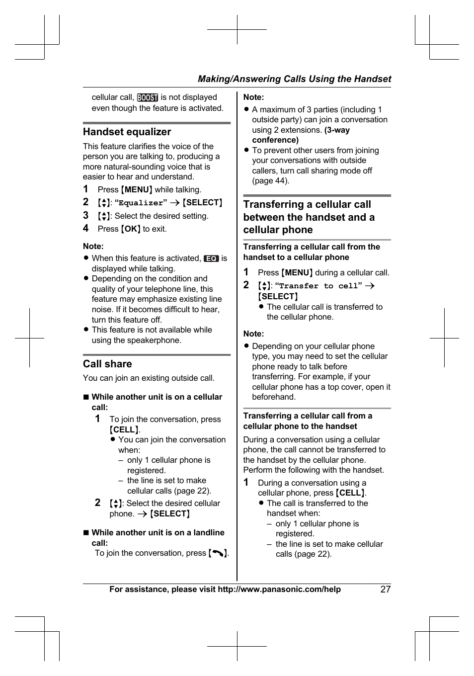 Handset equalizer, Call share | Panasonic KXTG7623 User Manual | Page 27 / 100