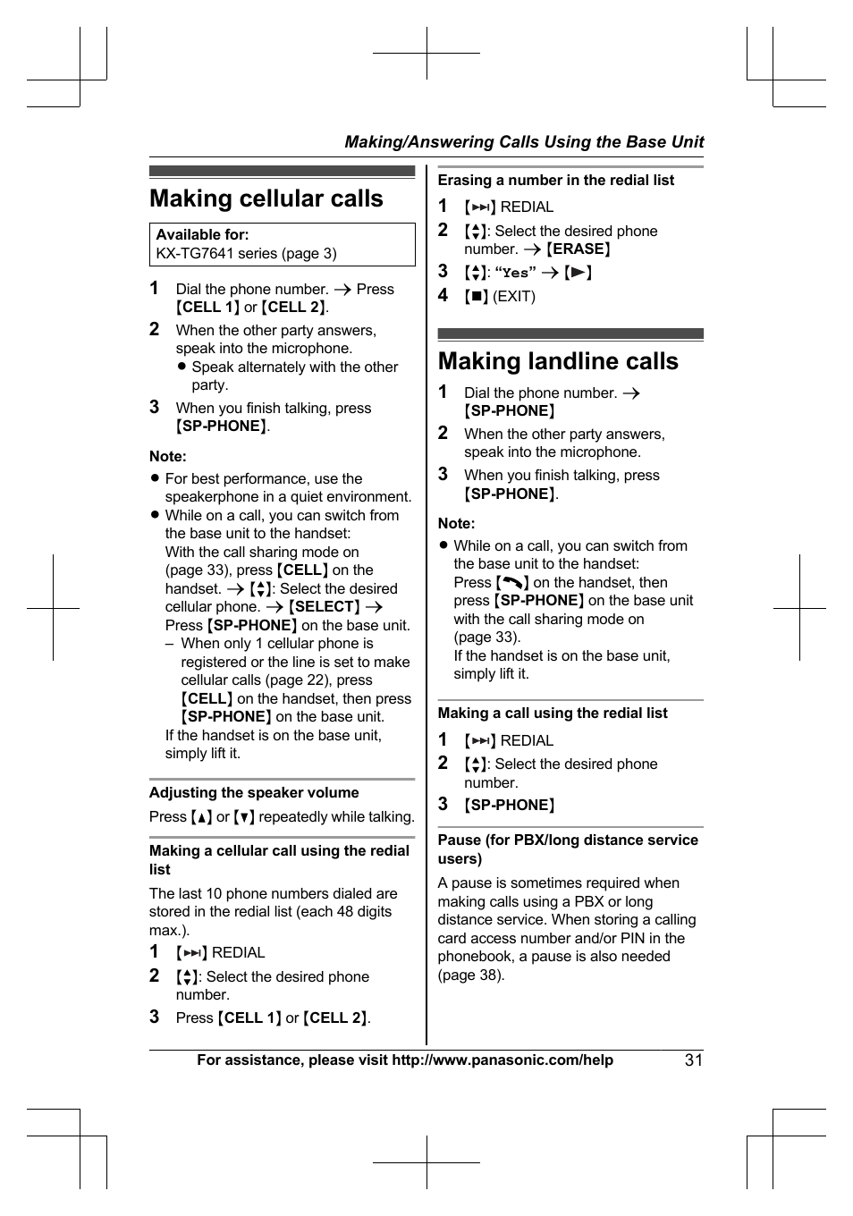 Making/answering calls using the base unit, Making cellular calls, Making landline calls | Making cellular calls making landline calls | Panasonic KXTG7623 User Manual | Page 31 / 100