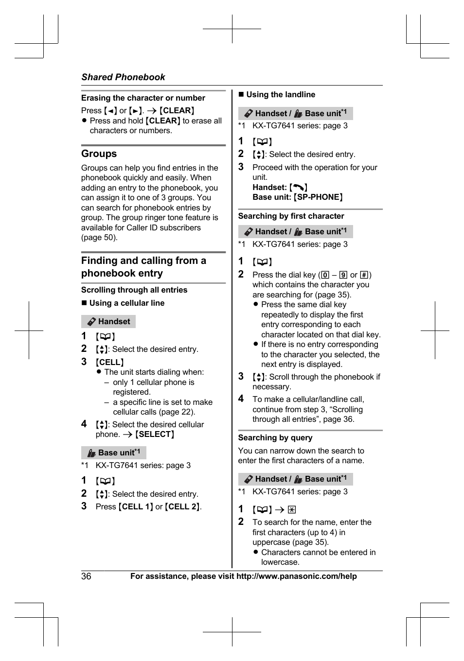 Finding and calling from a phonebook entry, Groups | Panasonic KXTG7623 User Manual | Page 36 / 100