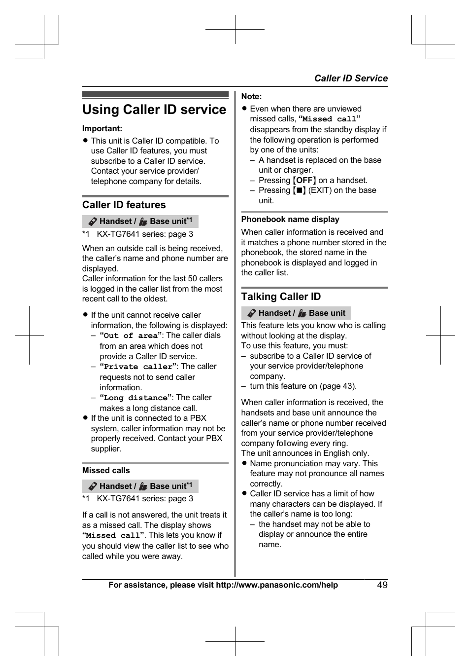 Caller id service, Using caller id service, Caller id features | Talking caller id | Panasonic KXTG7623 User Manual | Page 49 / 100