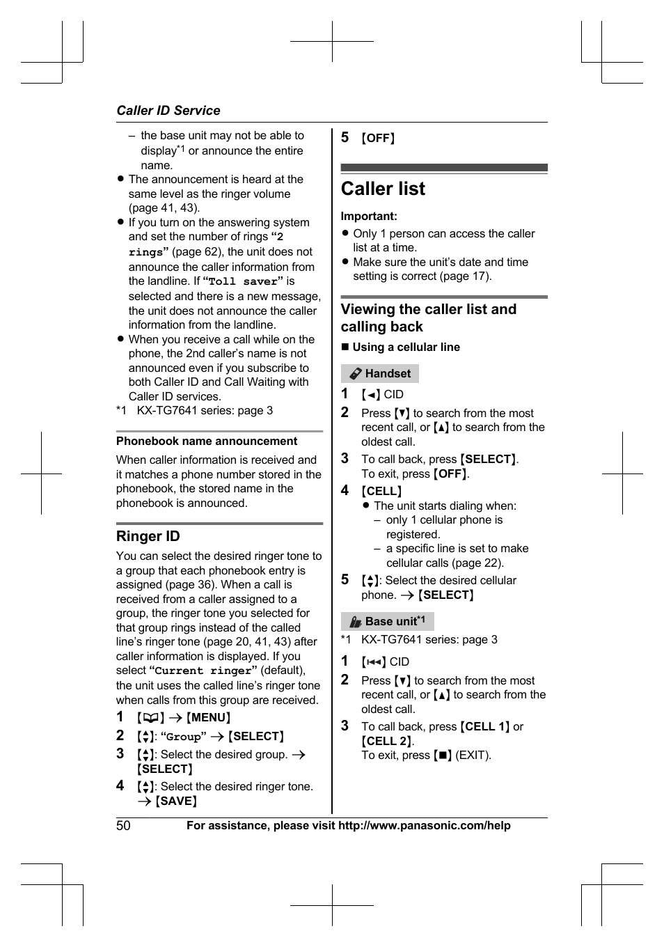 Caller list, Ringer id, Viewing the caller list and calling back | Panasonic KXTG7623 User Manual | Page 50 / 100